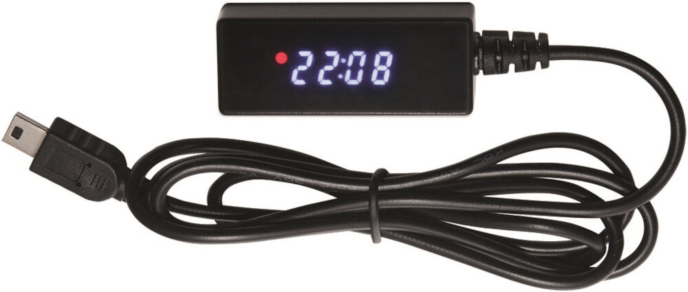 Czarny dekoder z wyświetlaczem LED pokazującym godzinę 22:08, z podłączonym kablem USB.