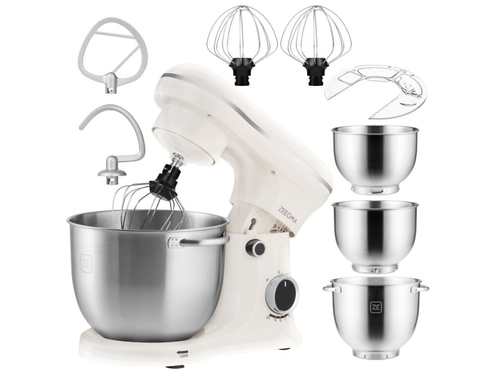 Robot kuchenny planetarny ZEEGMA Planeet Trio Kremowy 1500W 3 x misa 2 x trzepaczka mieszadło hak antyrozbryzgowa pokrywa 10 w 1 dokumentacja białe tło