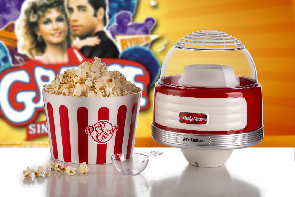 Maszyna do popcornu ARIETE 2957/00 Party Time przekąska styl retro technologia prażenia gorącym powietrzem chrupiący popcorn przygotowywanie czas