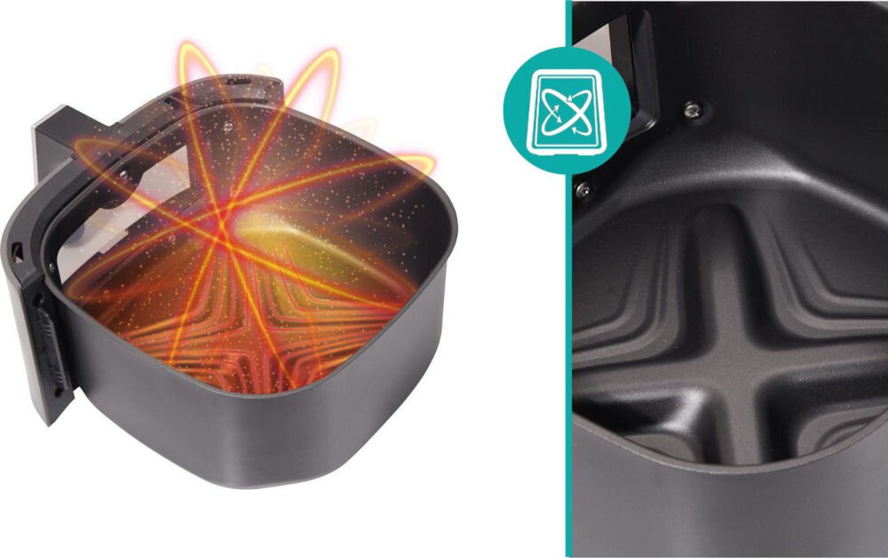 Frytkownica beztłuszczowa HISENSE HAF1900D Air Fryer technologia cross wave optymalizacja procesu smażenia faliste dno kosza efektywniejsza cyrkulacja powietrza równomiernie przyrządzone dania 360-stopniowy przepływ ciepła doskonałe wyniki kulinarne