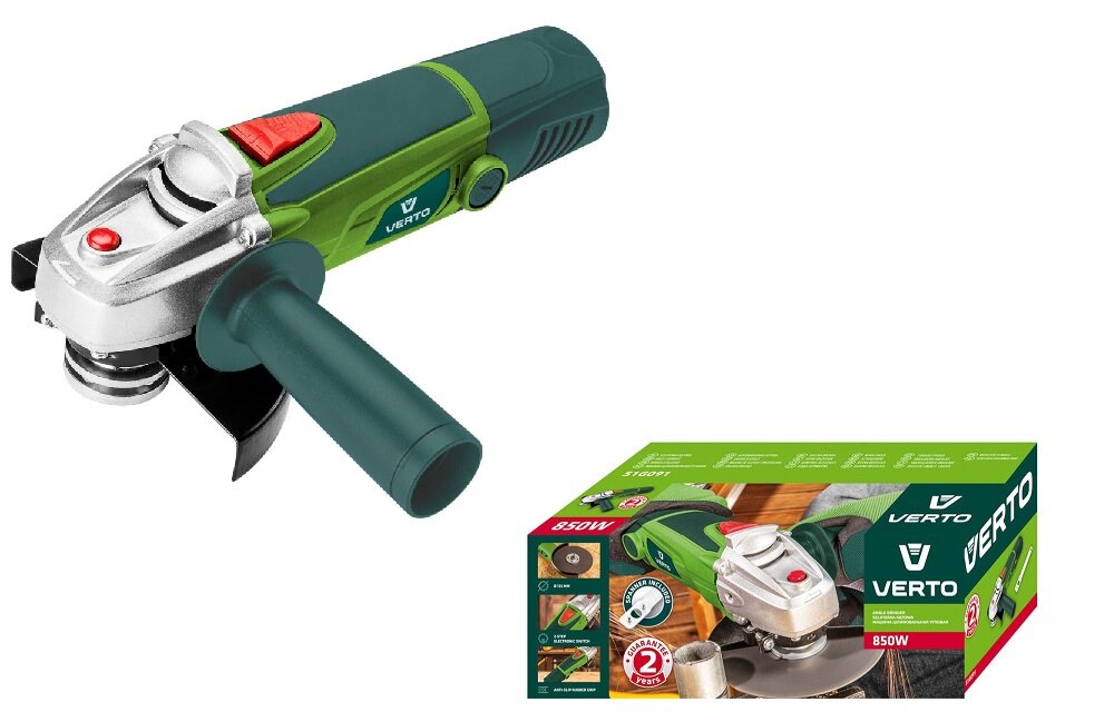 Szlifierka kątowa VERTO 51G091 w zestawie rękojeść dodatkowa specjalny klucz osłona instrukcja obsługi w polskiej wersji językowej karta gwarancyjna