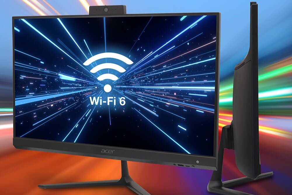 Komputer ACER Aspire C27-2E13U Komputer all-in-one pokazany z przodu i z boku, z grafiką Wi-Fi 6 na ekranie i dynamicznym tłem w różnych kolorach, porty, gniazda, łączność