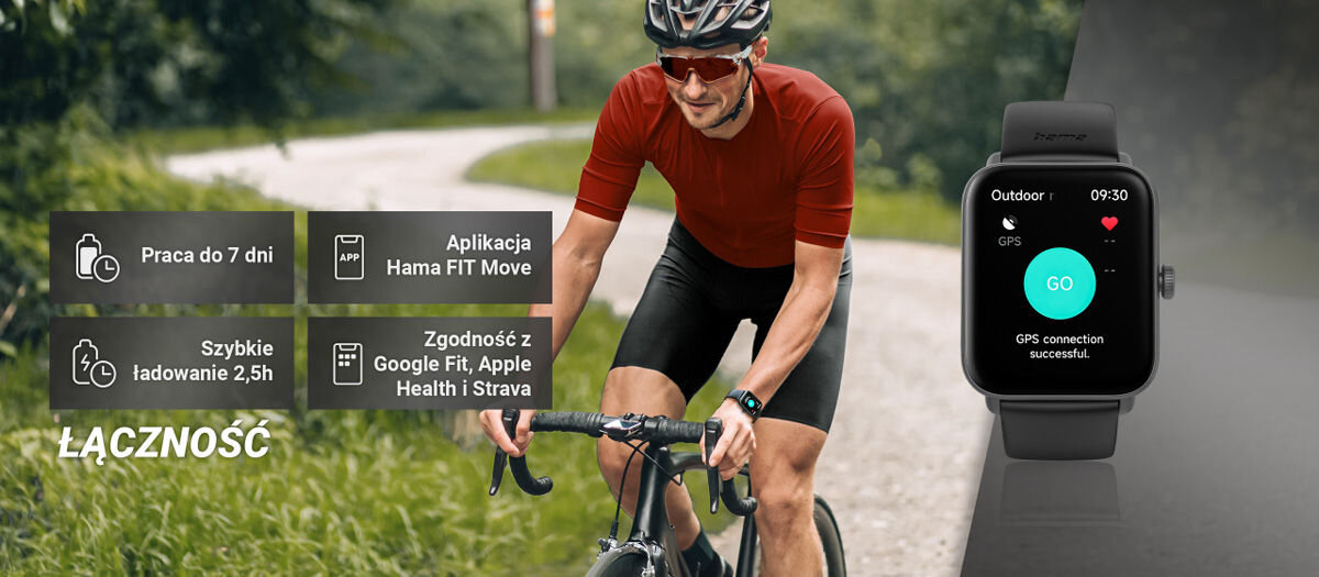 Smartwatch HAMA 6010 GPS Łączność praca do 7 dni aplikacja hama fit move szybkie ładowanie 2,5h zgodność z google fit apple health i strava