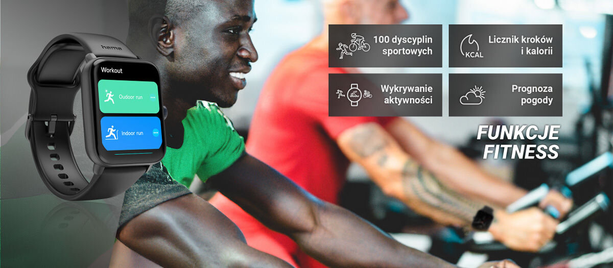 Smartwatch HAMA 6010 GPS Funkcje fitness 100 dyscyplin licznik kroków i kalorii wykrywanie aktywności prognoza pogody