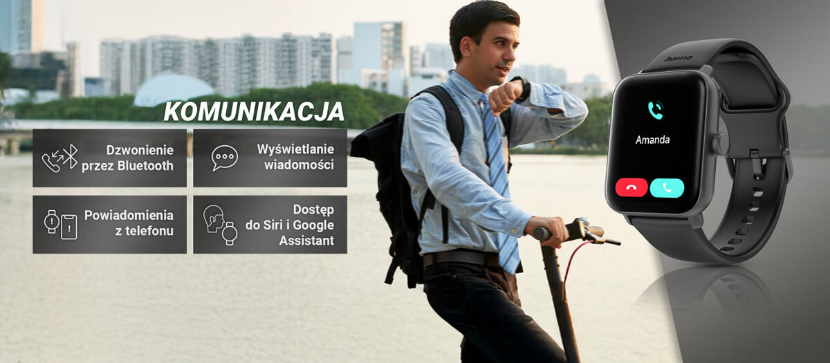 Smartwatch HAMA 6010 GPS Komunikacja dzwonienie przez bluetooth wyświetlanie wiadomości powiadomienia z telefonu dostęp do siri i google assistant