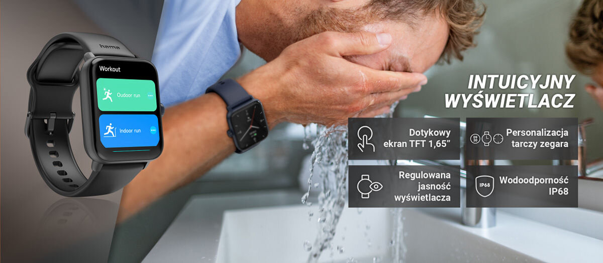 Smartwatch HAMA 6010 GPS Intuicyjny wyświetlacz dotykowy ekran tft 1,65 personalizacja tarczy zegarka regulowana jasność wyświetlacza wodoodporność ip68
