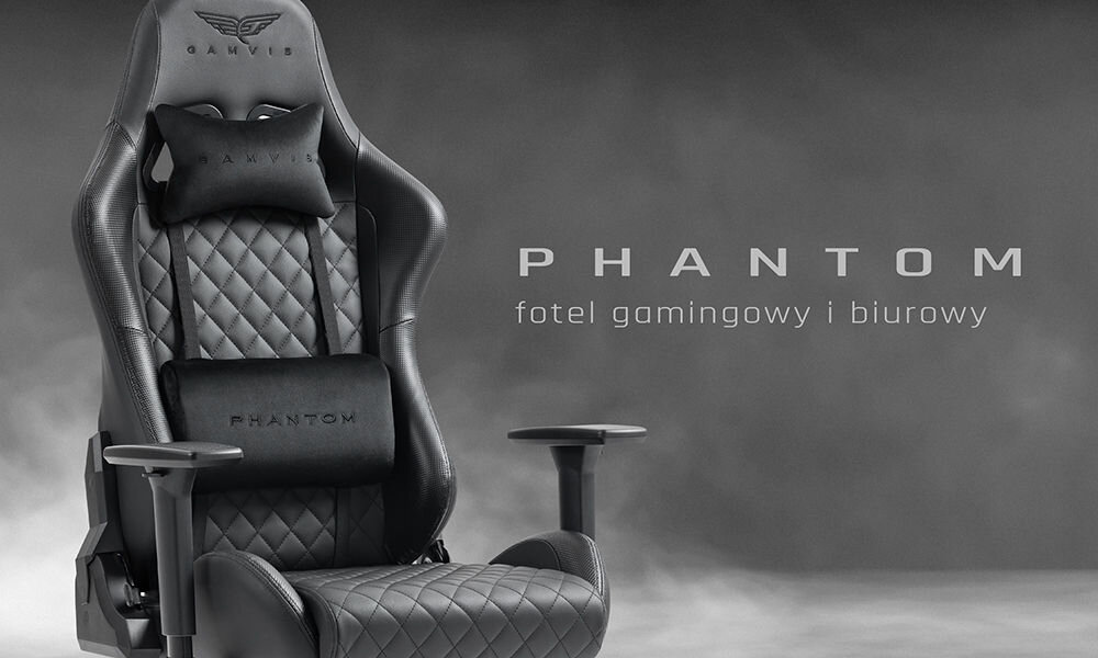 Fotel GAMVIS Phantom Large Pikowany Czarny prezentacja fotela na szarym tle od przodu pod kątem napis z modelem i przeznaczeniem