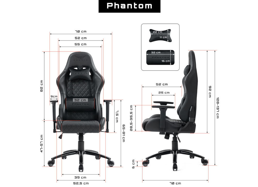 Fotel GAMVIS Phantom Large Pikowany Czarny prezentacja fotela od przodu i od boku na białym tle wymiary stabilność