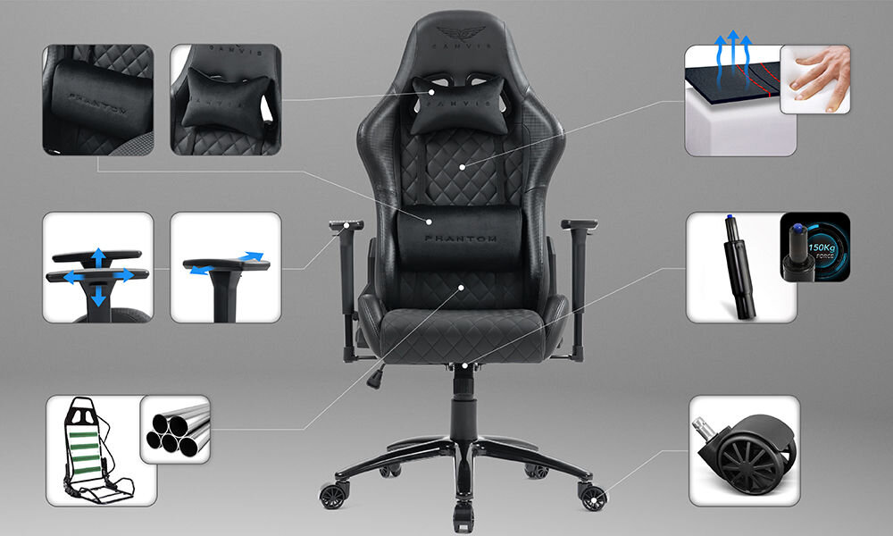 Fotel GAMVIS Phantom Large Pikowany Czarny prezentacja fotela na szarym tle dookoła zbliżenia na jego cechy zdjęcia ze strzałkami prowadzącymi na daną rzecz