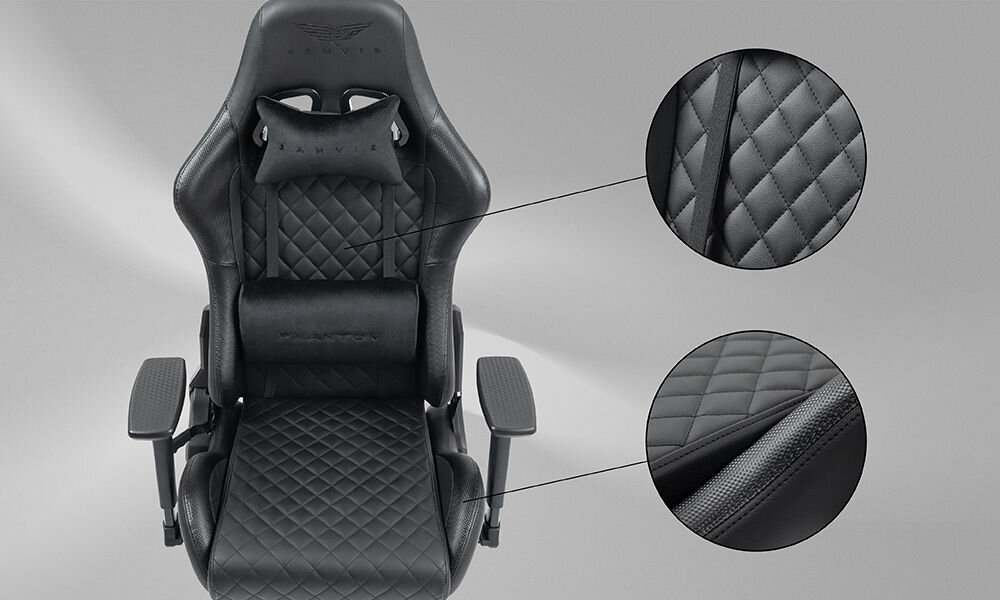Fotel GAMVIS Phantom Large Pikowany Czarny zbliżenie na siedzisko fotela szare tło pikowana tapicerka PrimeLeather+ z przeszyciami jak w aucie sportowym wentylacja syntetyczna skóra wysoka odporność łatwa pielęgnacja