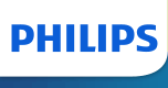 Logo z napisem PHILIPS na białym tle z niebieskim gradientem u dołu.