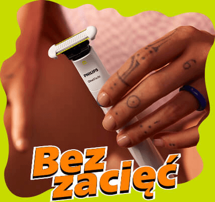 Osoba trzyma trymer z widocznym logo PHILIPS OneBlade. Na dole obrazu znajduje się tekst \'Bez zacięć\'.