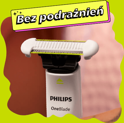 Zdjęcie przedstawia trymer PHILIPS OneBlade z widocznym ostrzem. Na górze obrazu znajduje się napis \'Bez podrażnień\'.