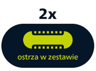 Grafika przedstawia ikonę z napisem \'2x ostrza w zestawie\' na ciemnym tle z zielonym symbolem ostrza pośrodku.