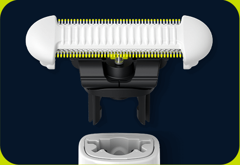 Obraz przedstawia głowicę trymera z białymi elementami i żółtymi ostrzami na ciemnym tle. Widoczna jest także część uchwytu trymera w kolorze białym.
