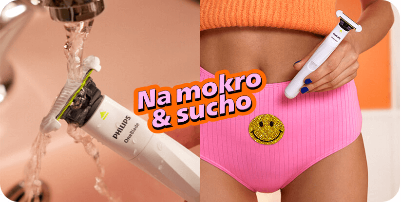 Obraz przedstawia trymer marki Philips OneBlade pod strumieniem wody oraz osobę trzymającą trymer przy ubraniu z uśmiechniętą buźką. Na środku widoczny jest napis \'Na mokro & sucho\'.