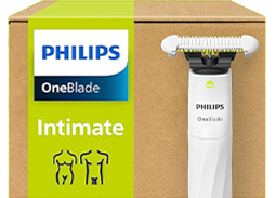 Opakowanie z napisem \'PHILIPS OneBlade Intimate\' oraz grafiką trymera i symbolami ciała. Trymer jest biały z widoczną głowicą tnącą.