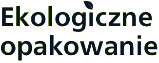 Napis \'Ekologiczne opakowanie\' w ciemnym kolorze z zielonym konturem, z liściem nad literą \'i\'.