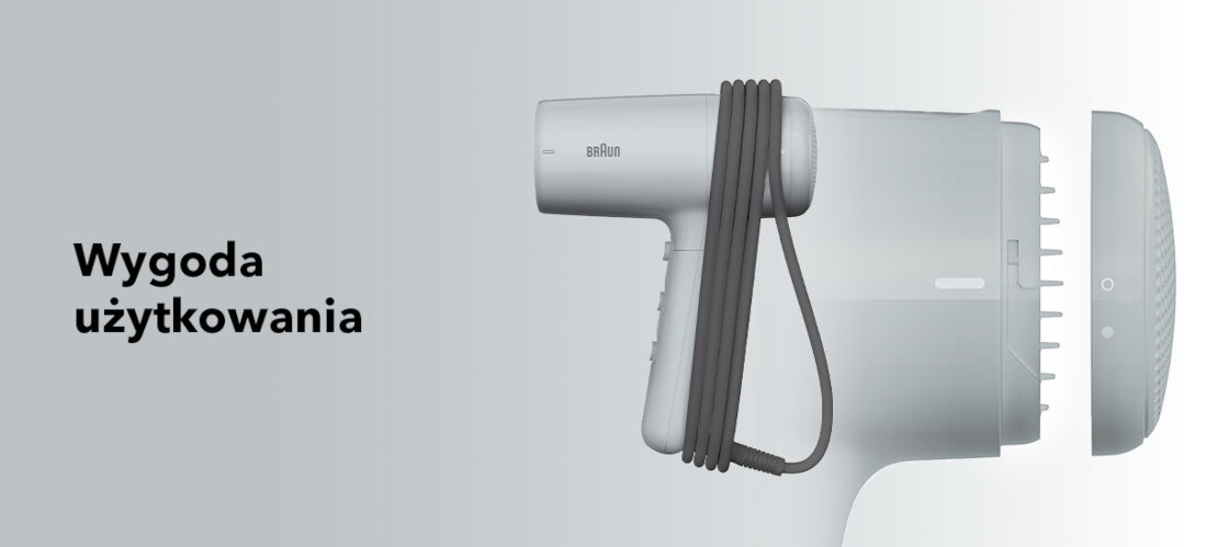 Suszarka BRAUN HD211E 2100W Wygoda użytkowania Lekka konstrukcja intuicyjne suwaki Obrotowa osłona przewodu wyjmowany filtr szczotka czyszcząca 