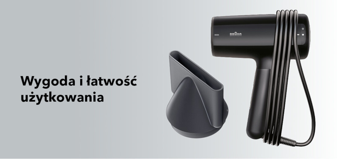 Suszarka BRAUN HD410E 2100W Wygoda i łatwość użytkowania Długość przewodu 220 cm obrotowa osłona Wskaźnik LED czyszczenia filtra przypomnienie konserwacja dołączona szczotka