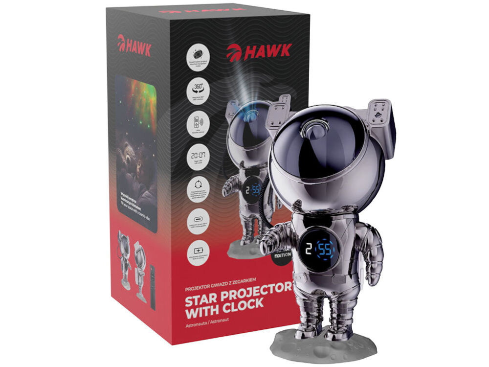 Projektor gwiazd HAWK HW-STAR02 Astronauta z zegarkiem, chrom, srebro, design, rzeźba, Projektor HW-STAR02 w oryginalnym pudełku.