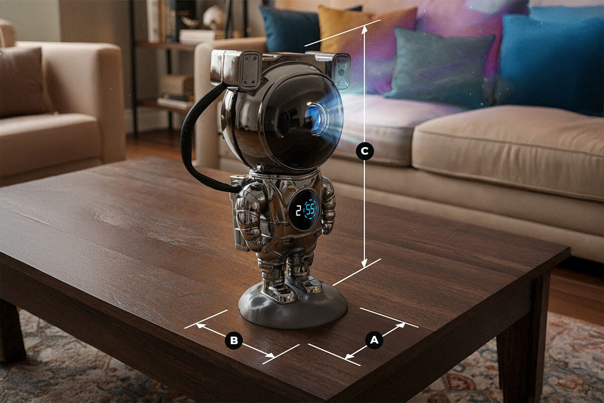 Projektor gwiazd HAWK HW-STAR02 Astronauta z zegarkiem, waga, rozmiar, budowa, stabilność, Schemat z wymiarami projektora HW-STAR02.