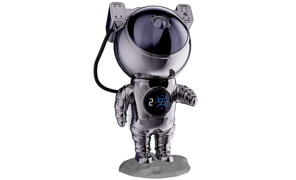 Projektor gwiazd HAWK HW-STAR02 Astronauta z zegarkiem, bateria, akumulator, prąd, mobilność, Chromowany projektor astronauta z zegarem.
