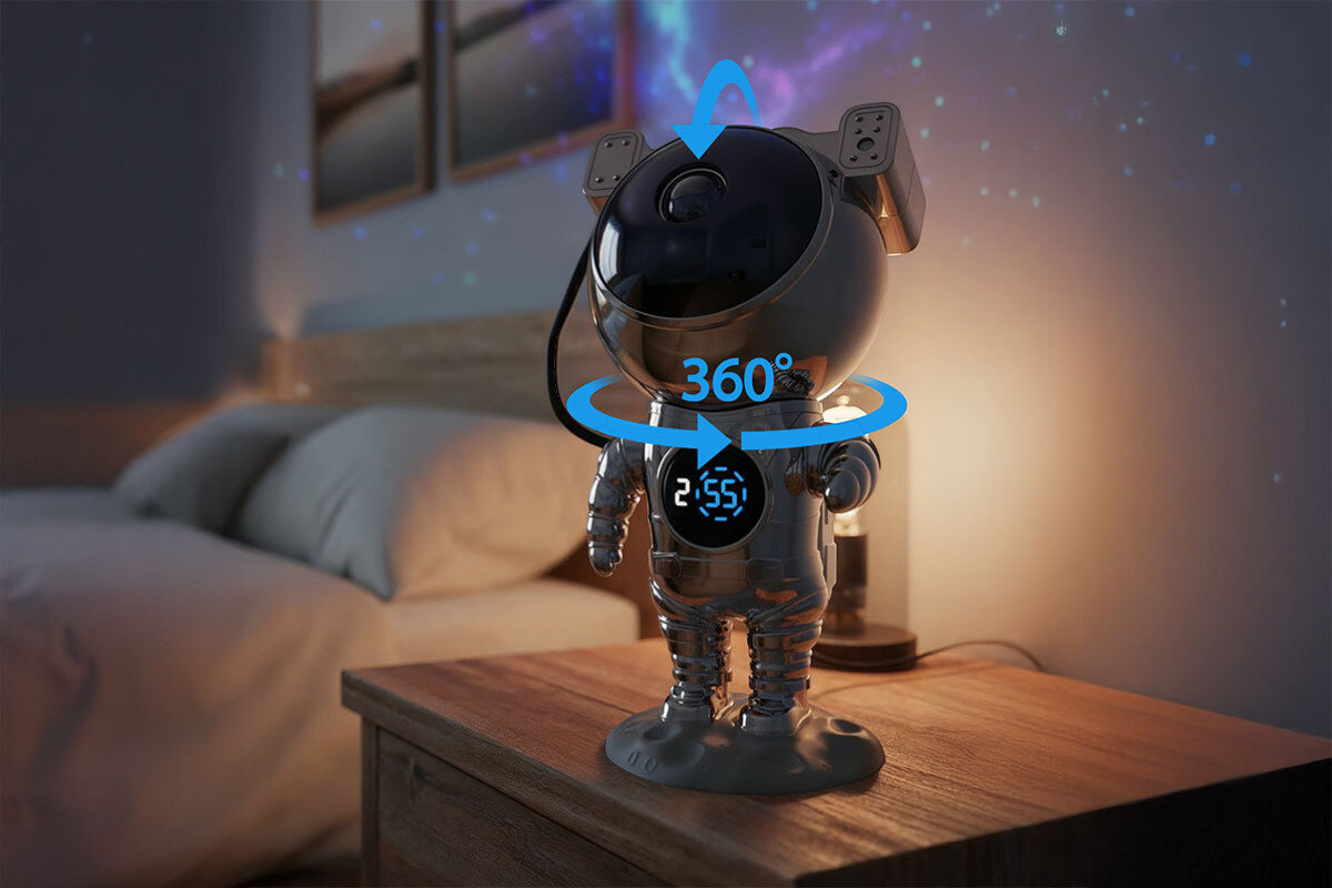 Projektor gwiazd HAWK HW-STAR02 Astronauta z zegarkiem, obrót, magnes, regulacja, ruch, Głowica projektora z funkcją obrotu 360 stopni.