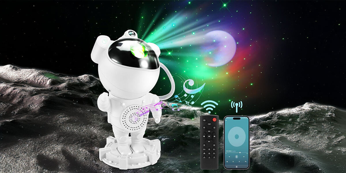 Projektor gwiazd z głośnikiem HAWK HW-STAR01 Astronauta, pilot, sterowanie, obsługa, wygoda, Pilot i telefon obok astronauty na księżycu.