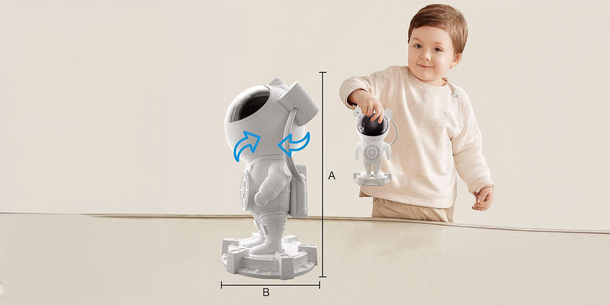 Projektor gwiazd z głośnikiem HAWK HW-STAR01 Astronauta, dekoracja, design, astronauta, ozdoba, Wymiary astronauty i dziecko w tle.