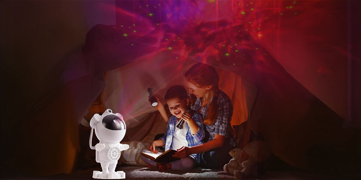 Projektor gwiazd z głośnikiem HAWK HW-STAR01 Astronauta, kolory, mgławica, tryby, wizualizacja, Czytanie książki pod gwieździstym niebem.