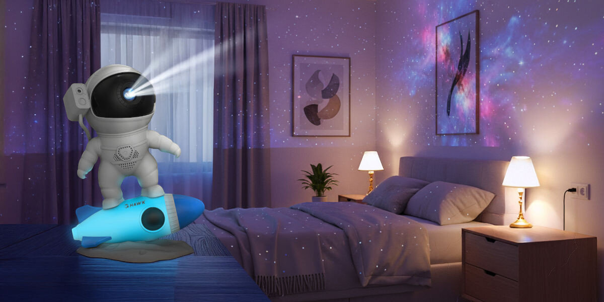 Projektor gwiazd z głośnikiem HAWK HW-STAR03 Astronauta Rakieta, kosmos, HD, widok, obraz, Projektor astronauta na rakiecie w sypialni