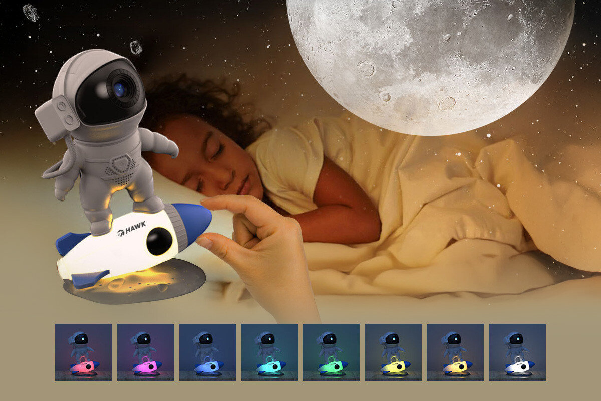 Projektor gwiazd z głośnikiem HAWK HW-STAR03 Astronauta Rakieta, kolory, lampka, światło, relaks, Lampka nocna RGB rakieta i śpiące dziecko
