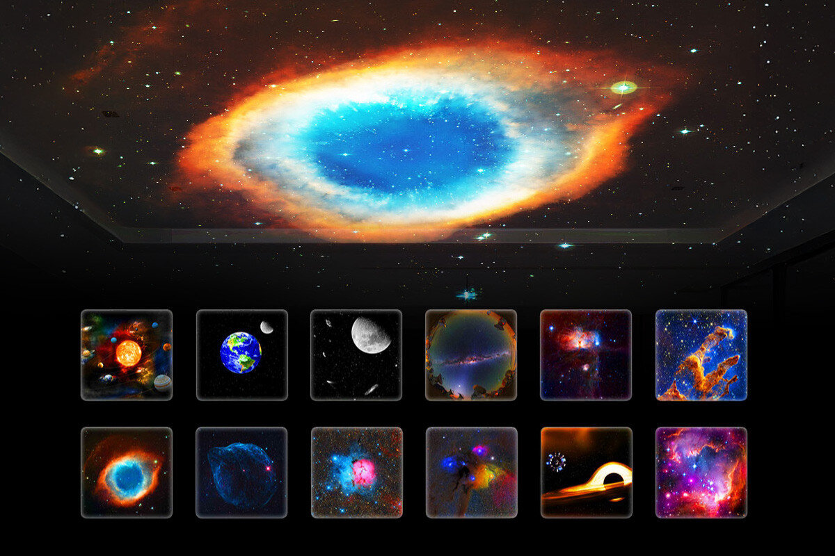 Projektor gwiazd z głośnikiem HAWK HW-STAR03 Astronauta Rakieta, nauka, dzieci, wiedza, wyobraźnia, Projekcja mgławicy na suficie i 12 dysków