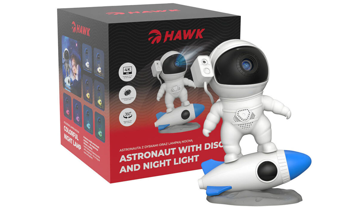 Projektor gwiazd z głośnikiem HAWK HW-STAR03 Astronauta Rakieta, obudowa, zasilanie, stabilność, jakość, Opakowanie i projektor gwiazd astronauta