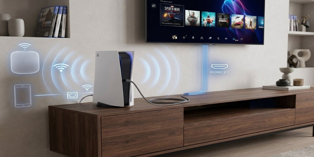 Konsola PS5 Digital Slim Edition na półce, obok zawieszony jest telewizor wyświetlający bibliotekę gier.
