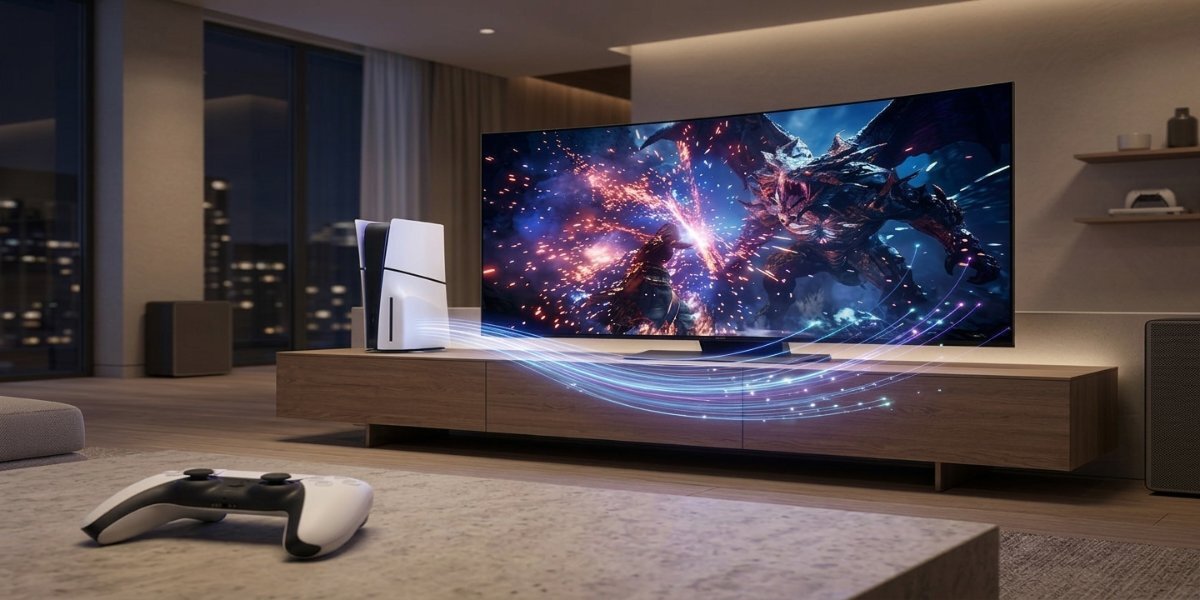 Biała konsola PS5 Digital Slim Edition obok telewizora, na stole leży biały kontroler DualSense.