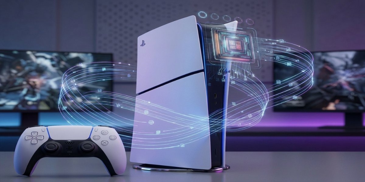 Biała konsola PS5 Digital Slim Edition obok białego kontrolera DualSense, obok konsoli widnieje grafika symbolizująca procesor.