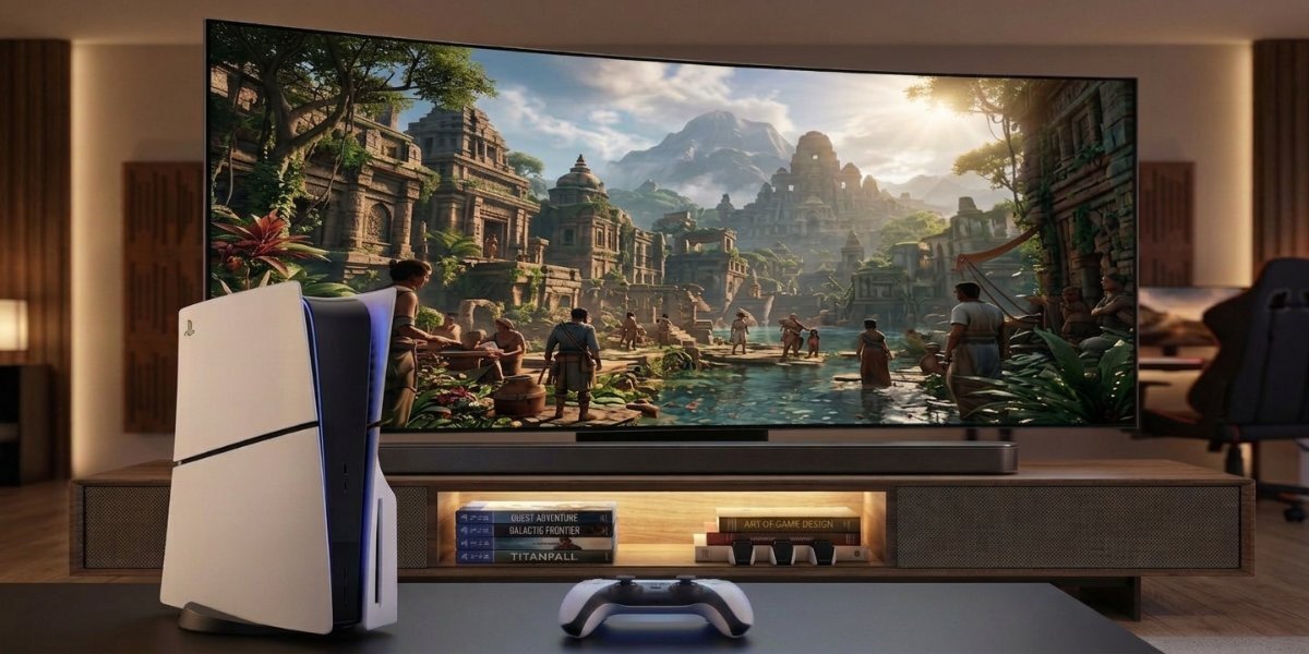 Biała konsola PS5 Digital Slim Edition i biały kontroler Dualsense leżące na stole, w tle widoczny jest telewizor wyświetlający grę.
