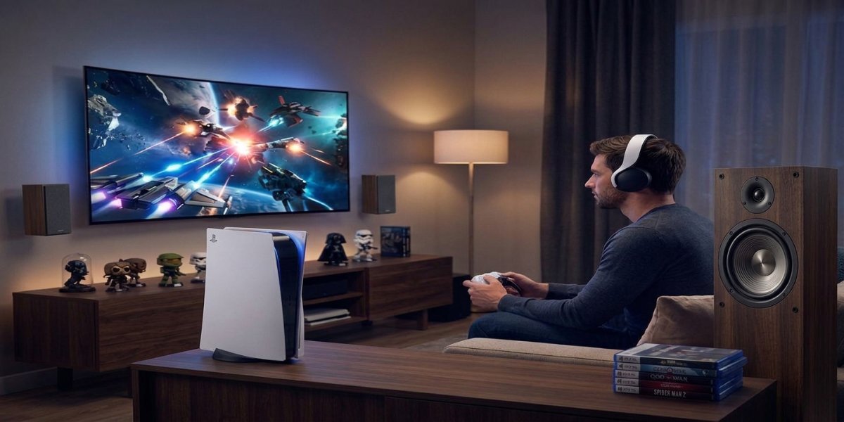 Osoba nosząca słuchawki grająca na białej konsoli PS5 Digital Slim Edition używając białego kontrolera Dualsense, widoczny jest telewizor oraz efekty symbolizujące dźwięk 3D. 