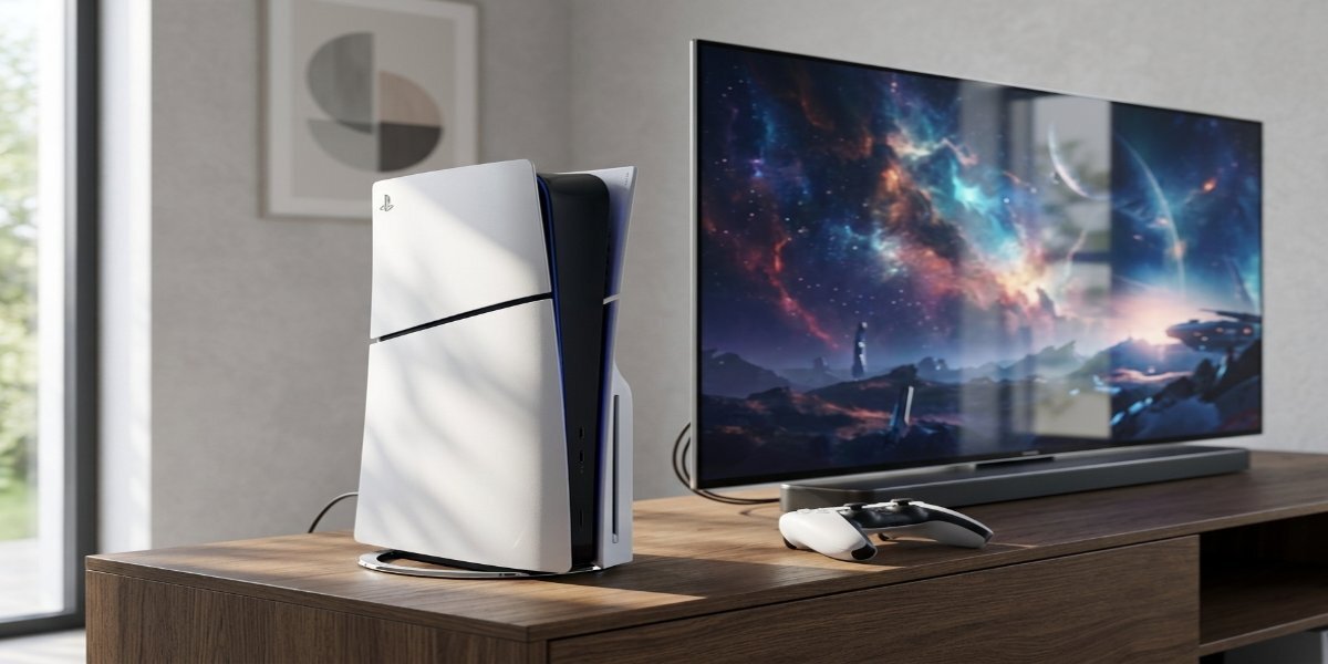 Konsola PS5 Digital Slim Edition obok telewizora wyświetlającego grafikę z motywem kosmosu, obok konsoli leży również biały kontroler Dualsense.