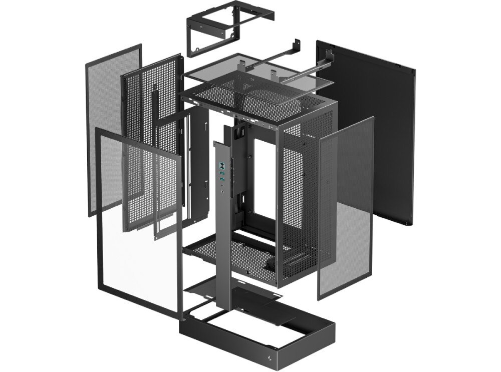 Obudowa DEEPCOOL CH170 Plus schemat rozłożonej na części obudowy komputerowej pokazujący szkielet, panele boczne, filtry przeciwkurzowe oraz ramki montażowe