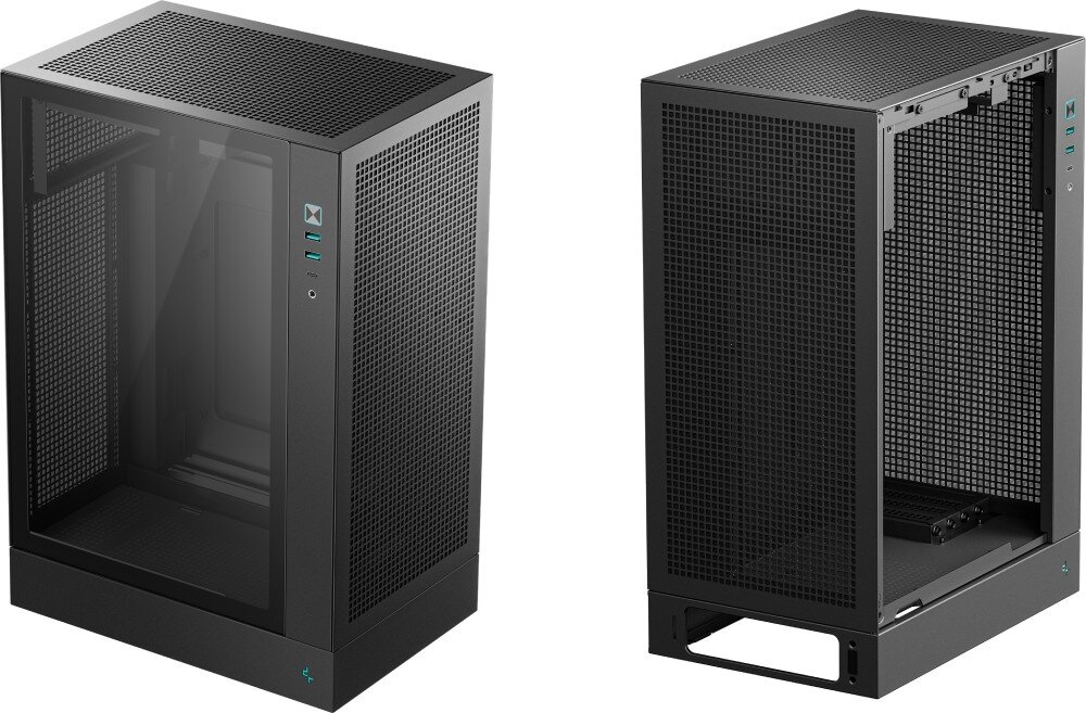 Obudowa DEEPCOOL CH170 Plus zestawienie dwóch ujęć pustej obudowy komputerowej prezentujących jej konstrukcję z założonymi panelami oraz bez nich