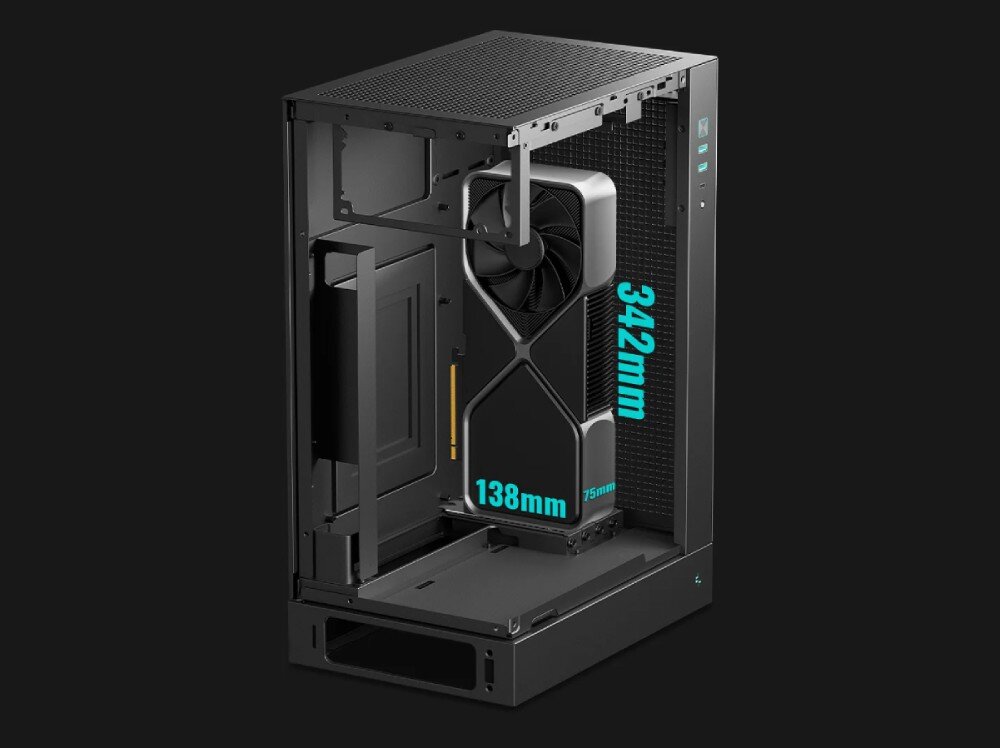 Obudowa DEEPCOOL CH170 Plus wnętrze obudowy komputerowej z zamontowaną pionowo dużą kartą graficzną oraz naniesionymi wymiarami '342mm', '138mm' i '75mm'
