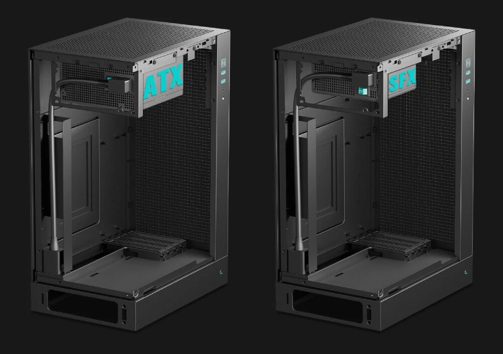 Obudowa DEEPCOOL CH170 Plus dwa widoki wnętrza obudowy pokazujące opcje montażu różnych zasilaczy oznaczonych napisami 'ATX' oraz 'SFX' w górnej części konstrukcji