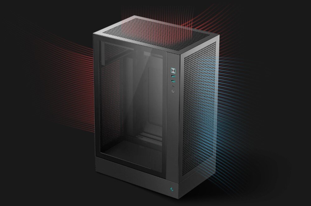 Obudowa DEEPCOOL CH170 Plus obudowa komputerowa z naniesionymi kolorowymi liniami symbolizującymi przepływ powietrza, gdzie czerwone linie wychodzą górą, a niebieskie wchodzą bokiem