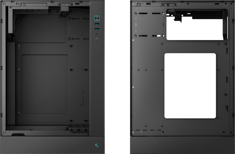 Obudowa DEEPCOOL CH170 Plus dwa widoki bocznych sekcji montażowych obudowy z widocznymi miejscami na dyski, płytę główną oraz otworami na przewody