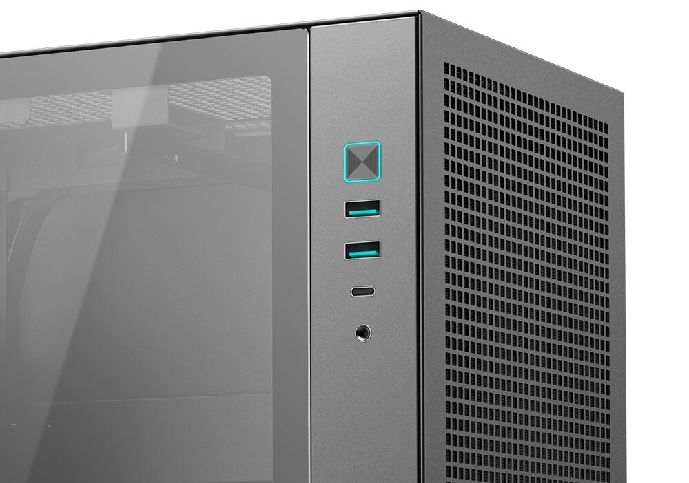 Obudowa DEEPCOOL CH170 Plus zbliżenie na górną część przedniego panelu obudowy z przyciskiem zasilania, dwoma portami USB, jednym portem USB typu C oraz gniazdem audio