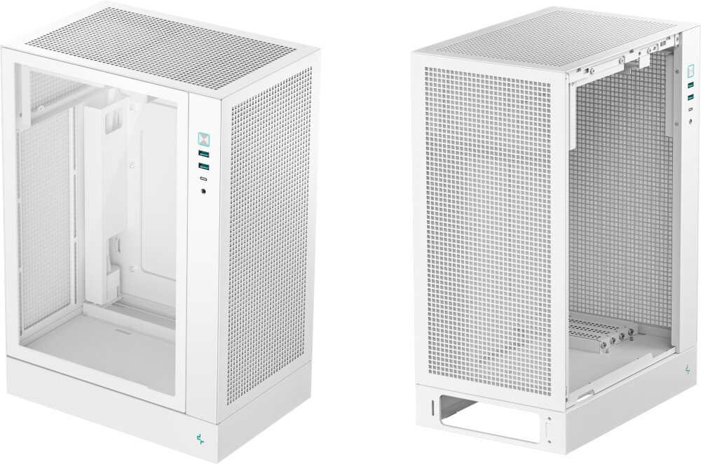 Obudowa DEEPCOOL CH170 Plus zestawienie dwóch ujęć pustej obudowy komputerowej prezentujących jej konstrukcję z założonymi panelami oraz bez nich