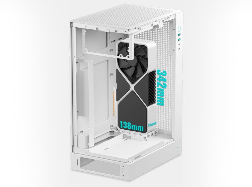 Obudowa DEEPCOOL CH170 Plus wnętrze obudowy komputerowej z zamontowaną pionowo dużą kartą graficzną oraz naniesionymi wymiarami '342mm', '138mm' i '75mm'